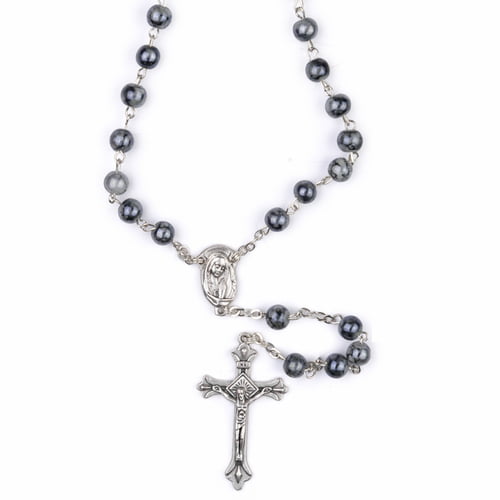 Sterling Silver Enameled & Black Glass Bead Rosary Necklace 
